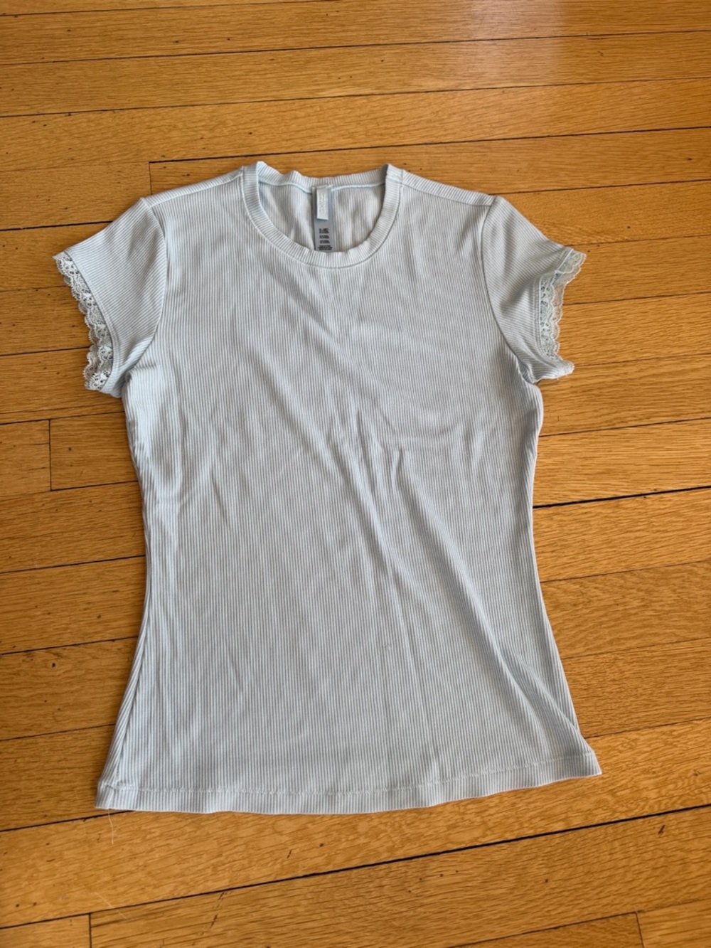 SKIMS Light Blue Ribbed Short Sleeve Tee with Lace Trim